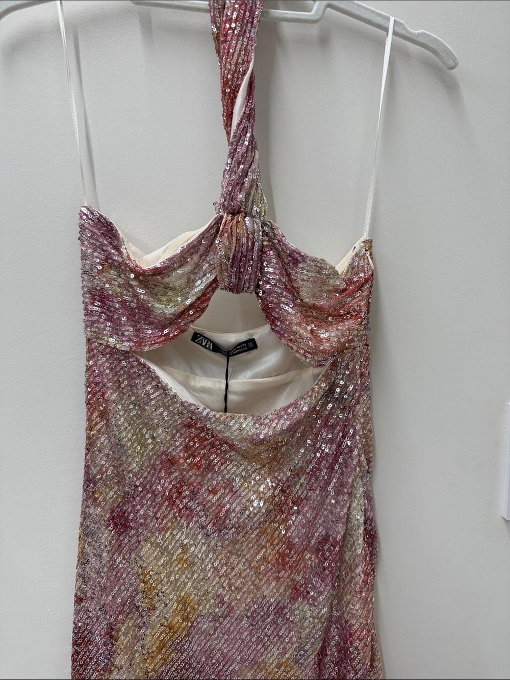 Zara Sequin Tie-Neck Slip Dress in Multi Pink - Picture 4 of 5